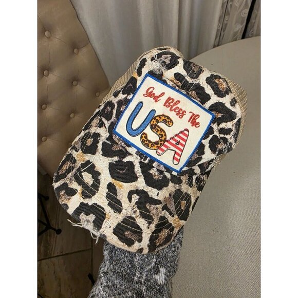 Leopard Print God Bless The USA Distressed Trucker Hat With Mesh Back - Picture 1 of 11